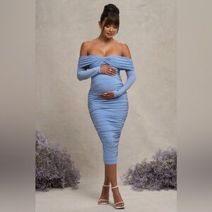 CLUB L LONDON - NEVA - POWDER BLUE BARDOT TWIST MATERNITY MIDI DRESS